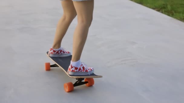 スケートボードパークで安全スケートボード膝パッドスケートを持つ魅力的なアジアの女性女性女性女性は公共公園で夏のアウトドアアクティブライフスタイルを楽しむ極端なスポーツサーフィンスケートをプレイ — ストック動画