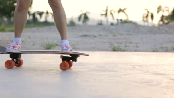 Aantrekkelijke Aziatische Vrouw Met Veiligheid Skateboarden Kniebeschermer Schaatsen Skateboard Park — Stockvideo