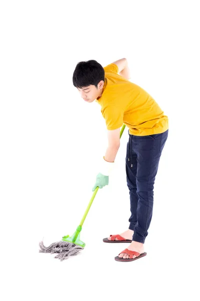 Asian Teen Boy Cleaning Floor Mop Young Child Doing House — Stock Photo, Image