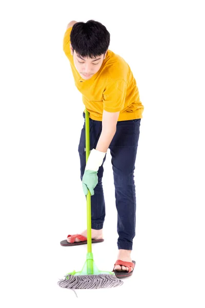 Asiático Adolescente Menino Limpeza Chão Com Esfregona Criança Fazendo Tarefas — Fotografia de Stock