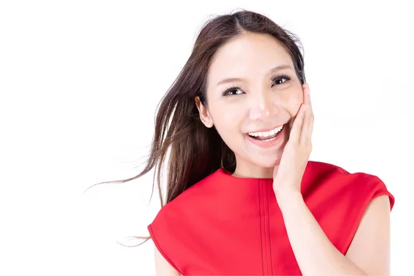 Portrait Beautiful Woman Red Dress Showing Happy Expression White Background — Stock Photo, Image