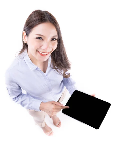 Retrato Feliz Jovem Asiático Bela Empresária Sorrindo Com Tablet Computador — Fotografia de Stock