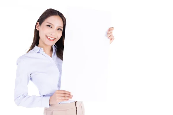 Selbstbewusste Geschäftsfrau Show Mit Whiteboard Isoliert Auf Weißem Hintergrund — Stockfoto