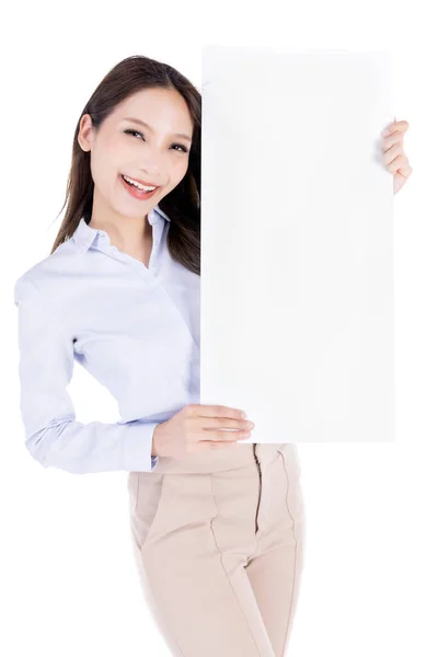 Confident Businesswoman Show White Board Isolated White Background — Stock Photo, Image