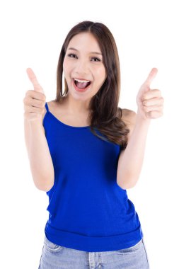 Portrait of asian smiling woman two thumbs up hand sign from beautiful women isolated on white background. Excited asia woman thumb up