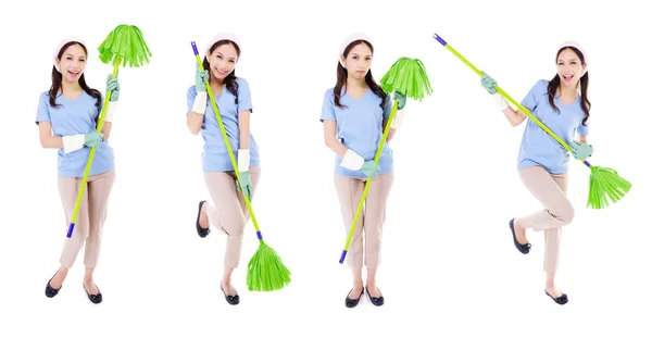 Group Asian Woman Wearing Green Rubber Gloves Hands Protection Cleaning — Stock Photo, Image