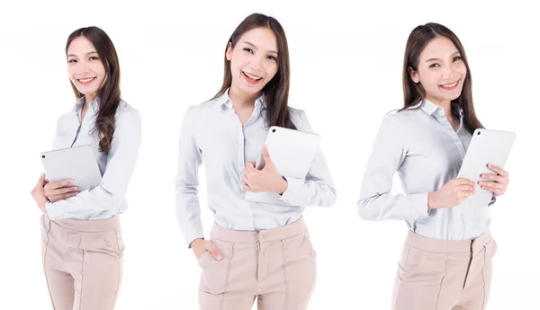 Woman Digital Tablet Computer Happy Isolated White Background — Stok Foto