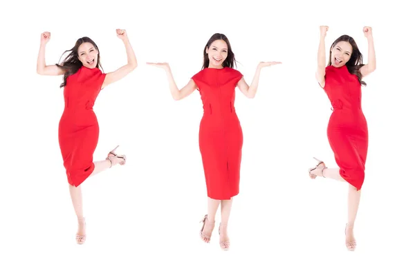 Porträtt Vacker Asiatisk Kvinna Röd Klänning Visar Ett Lyckligt Uttryck — Stockfoto
