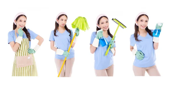 Portrait Young Asian Woman Wearing Green Rubber Gloves Hands Protection — Stok Foto