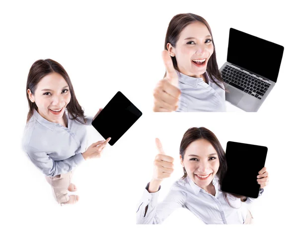 Jovem Asiática Bela Empresária Sorrindo Com Computador Portátil Olhando Para — Fotografia de Stock