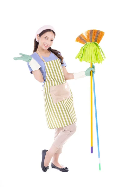 Portrait Young Asian Woman Wearing Green Rubber Gloves Hands Protection — Stock Photo, Image