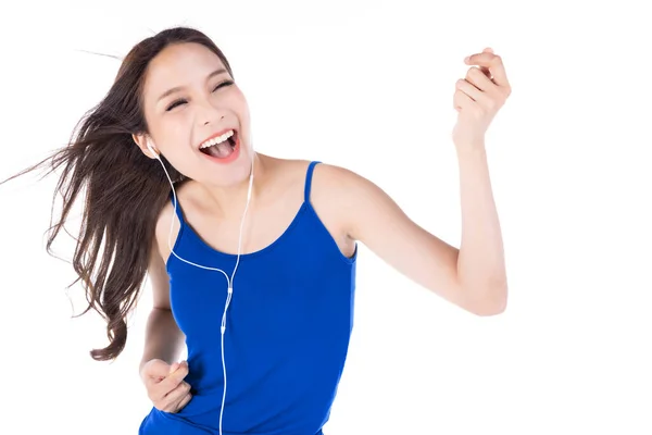 Retrato Jovem Feliz Asiático Mulher Ouvindo Favorito Música Isolar Branco Imagens Royalty-Free