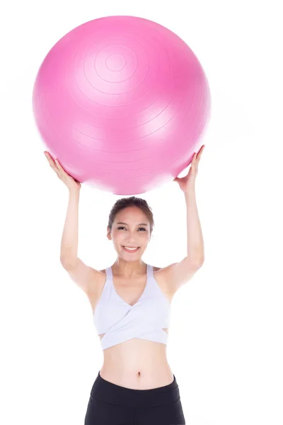 Jonge Aziatische Sportieve Vrouw Met Roze Pasvorm Bal Isoleren Witte Stockfoto