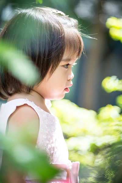 Азиатская маленькая девочка смотрит в сад — стоковое фото