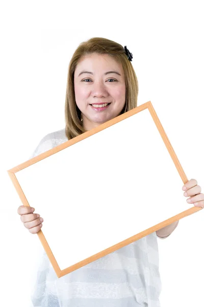 Beautiful asian women asian hold wood board — Stock Photo, Image