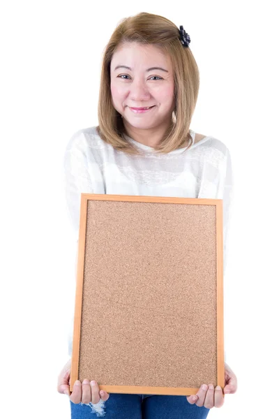 Beautiful asian women asian hold wood board — Stock Photo, Image