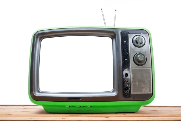 Grön Vintage Tv på bord av trä — Stockfoto