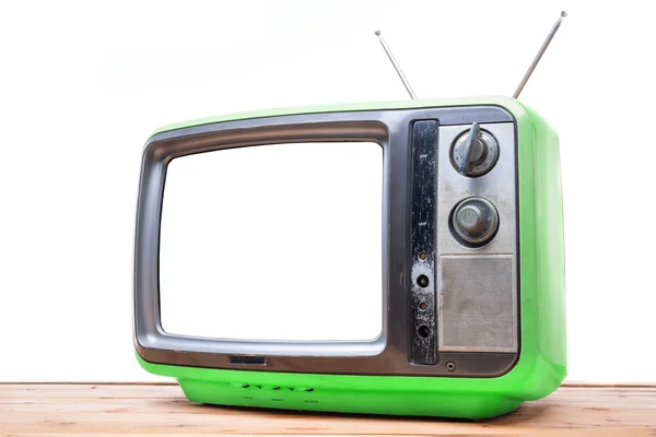 Green Vintage Tv na stół z drewna — Zdjęcie stockowe