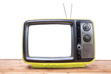 Ahşap masa sarı Vintage TV'de 