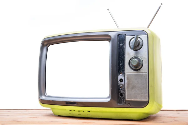 Żółte Vintage Tv na stół z drewna — Zdjęcie stockowe