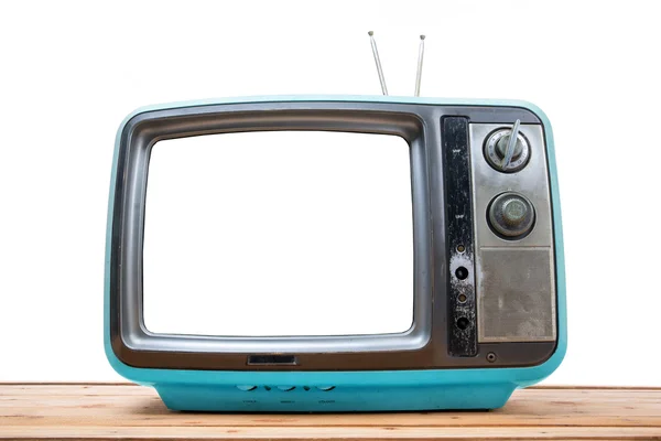 Modré Vintage Tv na dřevěný stůl — Stock fotografie