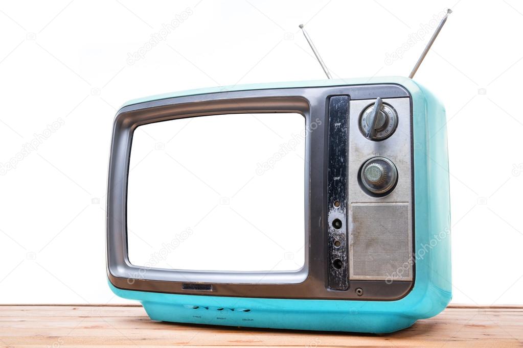 Blue Vintage TV on wood table 