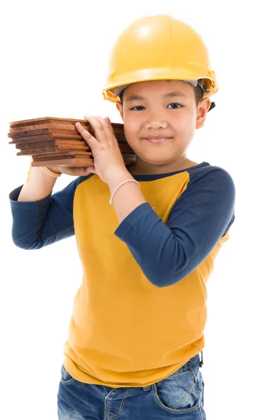 Jeune asiatique enfant construction travailleur tenue équipement — Photo