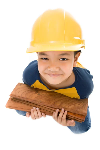 Joven asiático niño construcción trabajador holding equipo —  Fotos de Stock