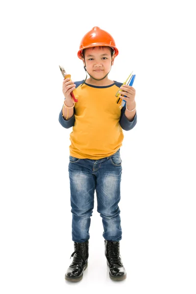 Joven asiático niño construcción trabajador holding equipo —  Fotos de Stock