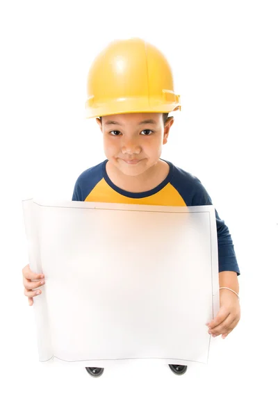 Jovem asiático criança construção Trabalhador Segurando equipamentos — Fotografia de Stock