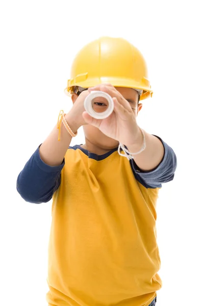 Jeune asiatique enfant construction travailleur tenue équipement — Photo