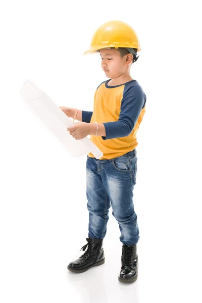 Young asian child construction Worker Holding equipment — Stock Photo, Image