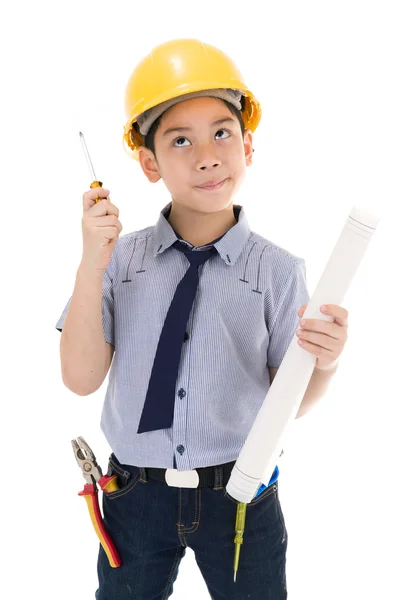 Jovem asiático criança engenheiro de construção Segurando equipamentos — Fotografia de Stock