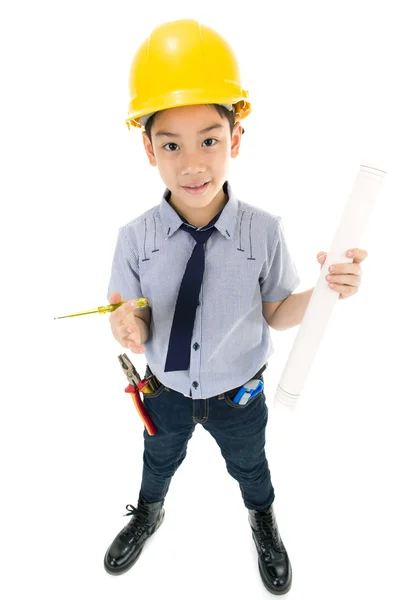 Jovem asiático criança engenheiro de construção Segurando equipamentos — Fotografia de Stock