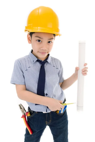 Jovem asiático criança engenheiro de construção Segurando equipamentos — Fotografia de Stock