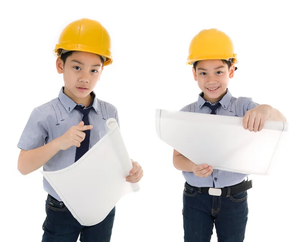 Young asian child construction engineer Holding equipment — Stock Photo, Image