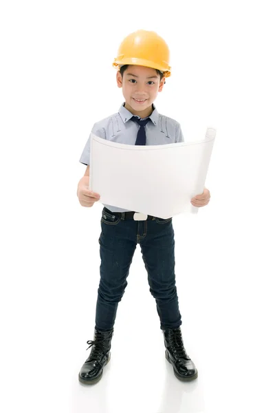 Jovem asiático criança engenheiro de construção Segurando equipamentos — Fotografia de Stock