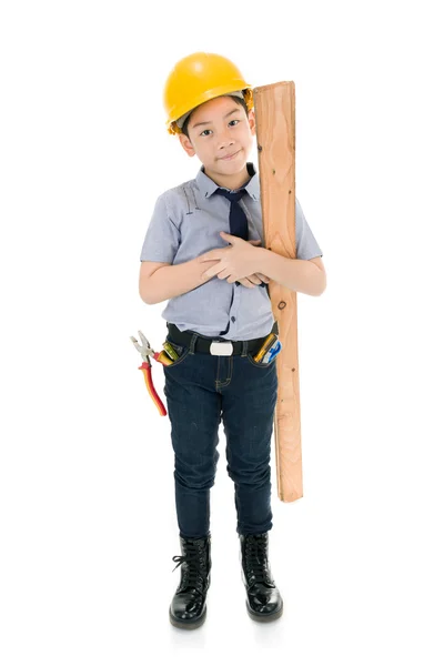 Jovem asiático criança engenheiro de construção Segurando equipamentos — Fotografia de Stock