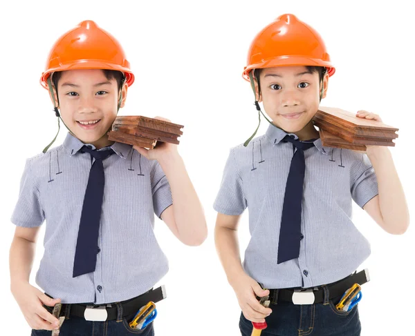 Joven asiática niño construcción ingeniero holding equipo —  Fotos de Stock