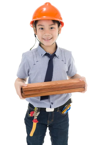 Inżynier budowy dziecko azjatyckie sprzęt gospodarstwa — Zdjęcie stockowe