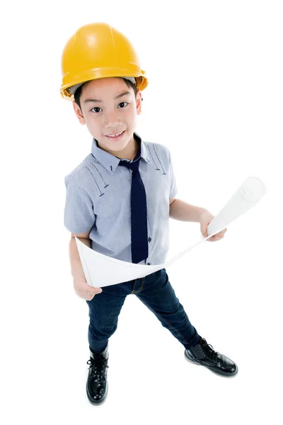 Jonge Aziatische kind bouw ingenieur bedrijf apparatuur — Stockfoto