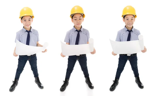 Young asian child construction engineer Holding equipment — Stock Photo, Image