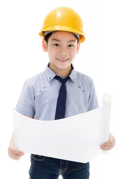 Jovem asiático criança engenheiro de construção Segurando equipamentos — Fotografia de Stock