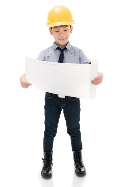 Young asian child construction engineer holding equipment — Stock Photo, Image