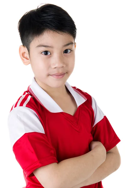 Retrato de feliz asiático lindo chico en rojo deporte uniforme —  Fotos de Stock