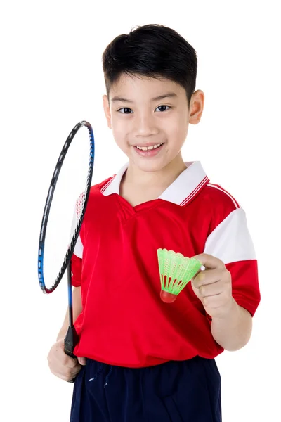 Azjatycki chłopiec w badmintona działania — Zdjęcie stockowe