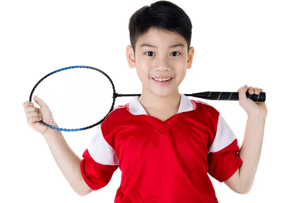 Ázsiai fiú tollaslabda akcióban — Stock Fotó
