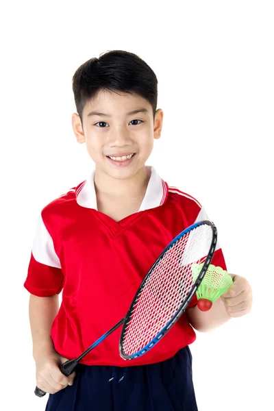 Asiático chico en badminton acción — Foto de Stock