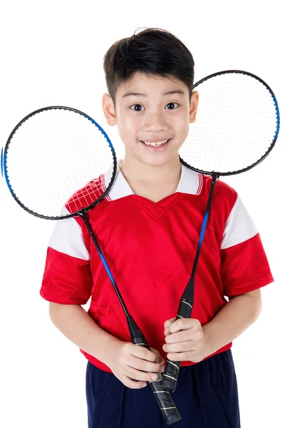 Asiatico ragazzo in badminton azione — Foto Stock