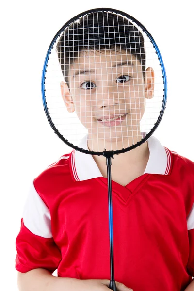 Asiatico ragazzo in badminton azione — Foto Stock